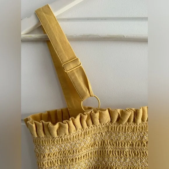Linen Smocked Knee Length Dress - Yellow/ White Size: Estimate XS/S - Picture 5 of 14